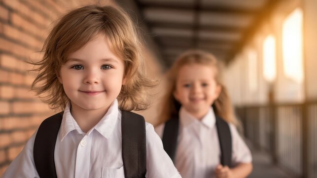 Happy school kids running in corridor. Joyful elementary pupils joyfully sprinting hallway corridors a vibrant scene of childhood glee and energetic movement within educational building.