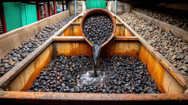 Process of Shellfish Harvesting with Flowing Water and Bins Filled with Freshly Collected Mollusks