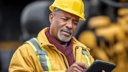 Construction Worker Using Tablet Outdoors Wearing Yellow Hard Hat and Reflective Jacket in Industrial Setting