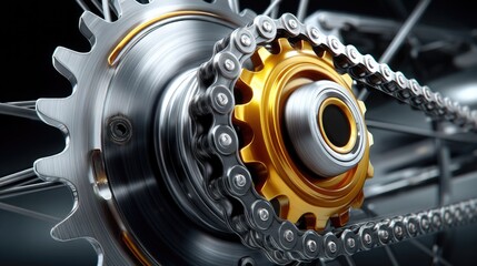 Close-Up View of Metallic Bicycle Gear with Chain in Detail and Reflection of Light in the Background