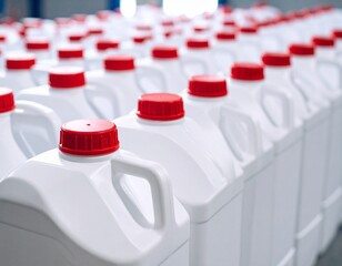 Empty white plastic canisters. for liquid refill bottles and cans for household in a hardware warehouse store. red plastic cork caps.