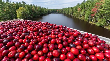 Bountiful Cranberry Harvest on a Riverbank Surrounded by Lush Green Forests Under a Clear Sky