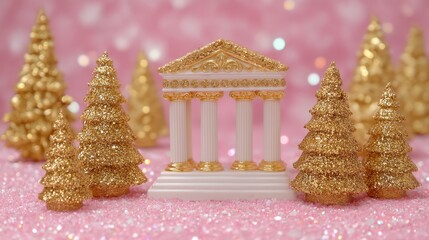 Gold trees and a white building silhouette against a vibrant pink background, minimalist and modern style.