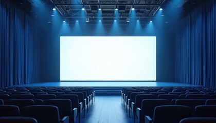 Modern theatre stage features clean white screen for presentations. Blue curtains frame scene. Rows of empty seats face illuminated display. Professional venue setup for events, entertainment, shows.
