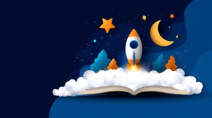 Open book and space elements. Planet rocket star cloud aerostat. Education concept for kids. Knowledge creativity discoveries. Design for educational motivational banner. Back