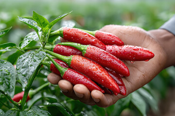 hand holding several red chili peppers