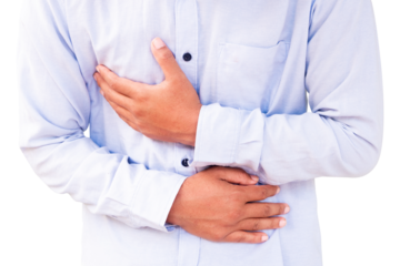 hands holding the stomach. a gesture indicating stomach pain in a person