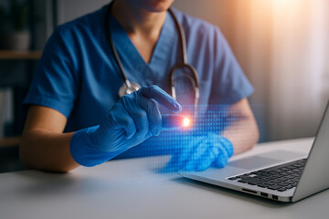 AI generated futuristic medical scene shows a healthcare professional interacting with floating digital interface glowing with data streams and precise control elements