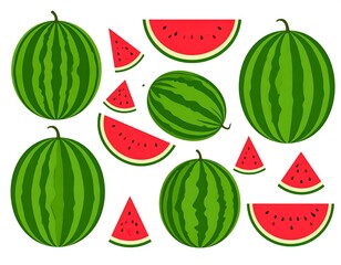 Watermelon slices and whole watermelons, flat illustration