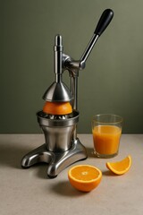 Freshly squeezed orange juice, showcasing the juicer, a glass, and orange slices, representing freshness and health