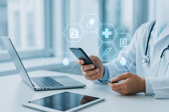 AI generated medical professional using smartphone laptop and tablet in a clean high tech environment with holographic interface conveying precision and digital health integration