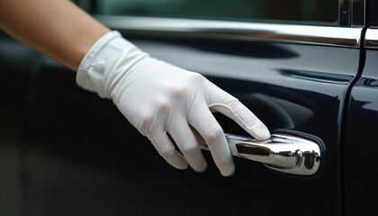 Close-up shot of a gloved hand opening a car door. White glove on hand, chrome door handle detail. Focus on luxury, elegance, automotive interior, sophisticated transport and lifestyle.