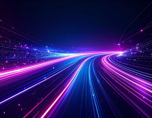 Dark tech background with glowing data streams in purple and pink neon, abstract cyberpunk aesthetic, holographic particles, digital network visualization
