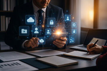 AI generated conceptual photo showing a businessman analyzing digital data on a tablet with glowing holographic icons representing cybersecurity and cloud technology in a secure modern workspace