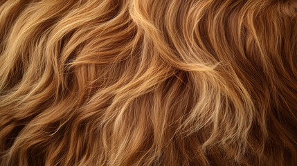 Highland cow fur on a living animal, long shaggy ginger hair flowing naturally