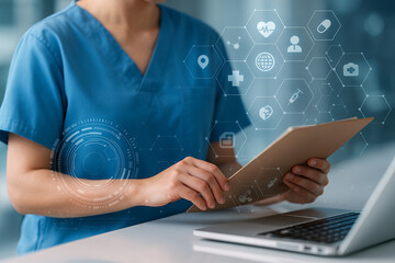 AI generated medical professional using digital overlay with hexagon icons and health interface showing seamless integration of paper and smart technology in clinical environment
