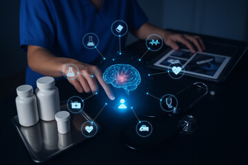 AI generated healthcare professional using advanced digital interface with glowing medical icons representing diagnostics treatment and data integration in a modern tech driven environment
