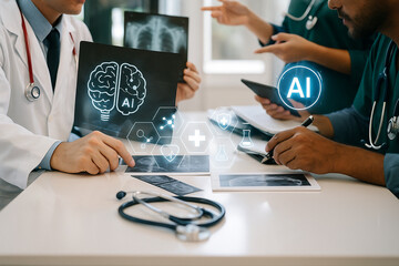 AI generated medical experts discuss diagnostic data using virtual AI interface with brain scan symbols and transparent technology icons over clinical workspace
