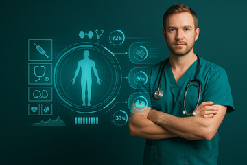 AI generated futuristic medical concept showing a confident healthcare worker in green scrubs with arms crossed beside a glowing holographic health dashboard with biometric analytics and icons