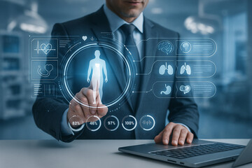 AI generated professional in dark suit interacts with floating medical hologram showing body analysis data and biometric statistics in clean high tech environment