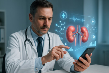 AI generated male doctor accessing health data through holographic interface projected from smartphone showing kidneys analysis symbols and digital molecules in a clean modern clinic environment