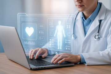 AI generated medical professional using laptop with virtual health interface showing human anatomy icons in a bright and clean futuristic workspace