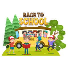 Happy Back to School Kids with Bus Icon in Nature, Fun Education Design for Students and Teachers, Outdoor Learning