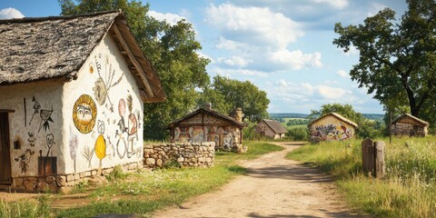 Fototapeta premium A rustic village scene with traditional houses featuring painted walls along a dirt path under a partly cloudy sky.