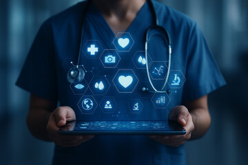 AI generated ultra realistic image showing a healthcare professional using a tablet with glowing holographic medical data icons in a futuristic and clean digital environment