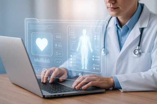 AI generated medical professional using laptop with virtual health interface showing human anatomy icons in a bright and clean futuristic workspace