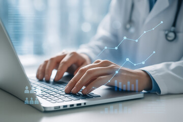 AI generated close up of hands typing on laptop with floating data graphics representing digital healthcare and futuristic information systems