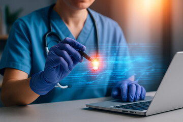 AI generated nurse touches glowing binary hologram above laptop showing futuristic medical data in clinical environment with warm and cool lighting contrast