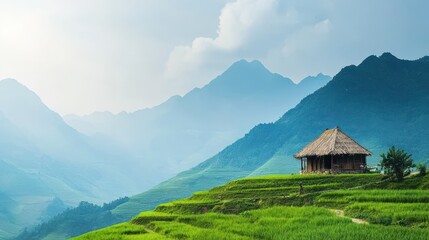 Obraz premium A serene mountain landscape with terraced green fields and a rustic wooden hut under a cloudy sky.