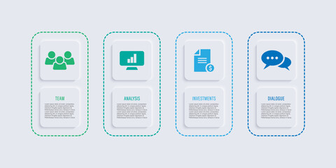 Neumorphism four elements infographics with business icons. Infographic layout for presentation slides