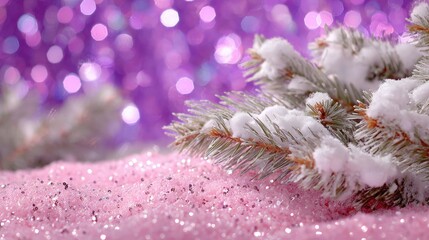 Snow-covered pine tree against a vibrant purple background, perfect for winter and holiday themes.