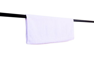 a white towel hanging on an isolated drying rack against a white background