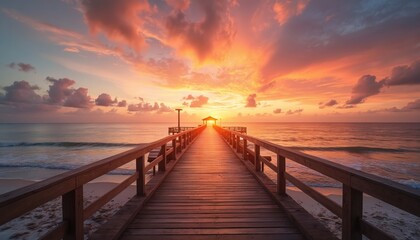 Wooden pier extends into calm ocean waters under vibrant sunset sky. Warm orange and pink clouds drift across horizon. Gentle waves lap sandy beach. Ideal for travel, vacation, and nature themes.