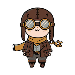 Flat cute illustration of steampunk pilot, wearing pilot gears glasses, bold outline, isolated on white
