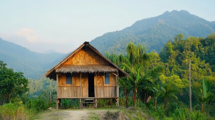 A small bamboo hut with a thatched roof stands on stilts amidst lush greenery and tropical plants, backed by misty mountains under a clear sky.