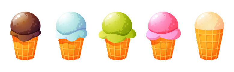 Five ice cream cones of different flavors and colors: vanilla, chocolate, strawberry, and pistachio. A summer dessert. The image is a vector illustration on a white background.