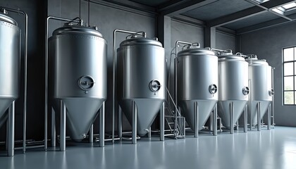 Stainless steel fermentation tanks in modern brewery. Spacious facility with polished floor. Quality control, production process, beverage manufacturing, hygiene, safety systems evident in commercial