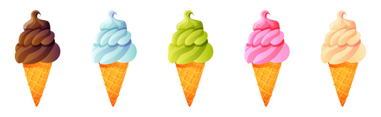 Five ice cream cones of different flavors and colors: vanilla, chocolate, strawberry, and pistachio. A summer dessert. The image is a vector illustration on a white background.