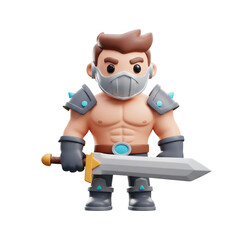 A muscular warrior figure with a mask and armor stands ready holding a large sword prepared for battle in a stylized illustration.