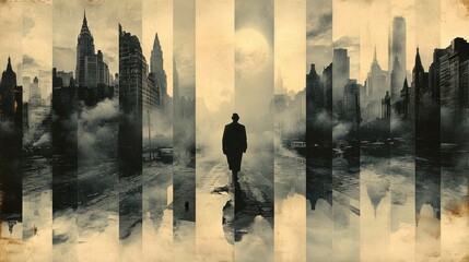 Obraz premium Image of a man walking in a city with a city skyline in the background