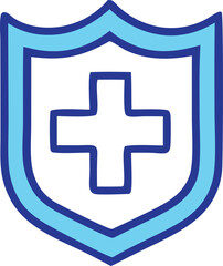 A stylized blue shield emblem featuring a white cross at its center symbolizing protection health and medical care services
