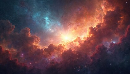 Naklejka premium Vibrant cosmic nebula filled with stars, gas, and dust clouds. Radiant orange, yellow, and blue hues create a spectacular celestial wonder, hinting at the universe immense depth and mystery.