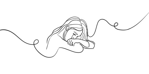 Girl crying, continious line drawing. Sadness, sorrow, period, disappointment outline. Vector illustration