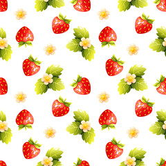 A seamless pattern with whole and half strawberries, green leaves, and small flowers. The berries are red. The background is white, and the repeating motif creates a fresh and summer effect.