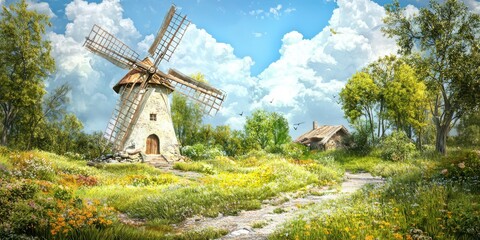 A rustic windmill stands in a vibrant meadow under a partly cloudy sky, surrounded by trees and a small house in the distance, evoking peaceful countryside charm.