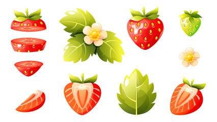 Set of ripe strawberries, whole, halves, slices, leaf. Bright juicy illustration for menus, recipes, packaging, summer projects. Vector, easy to edit. Perfect for branding, labels, organic themes